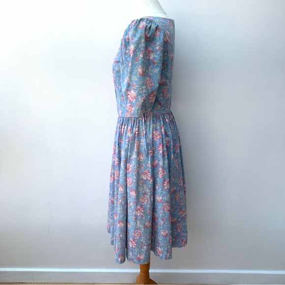 Vintage Laura Ashley Size 14 Cotton Tea Dress Button Front Blue Cornflower Pink - Picture 5 of 13